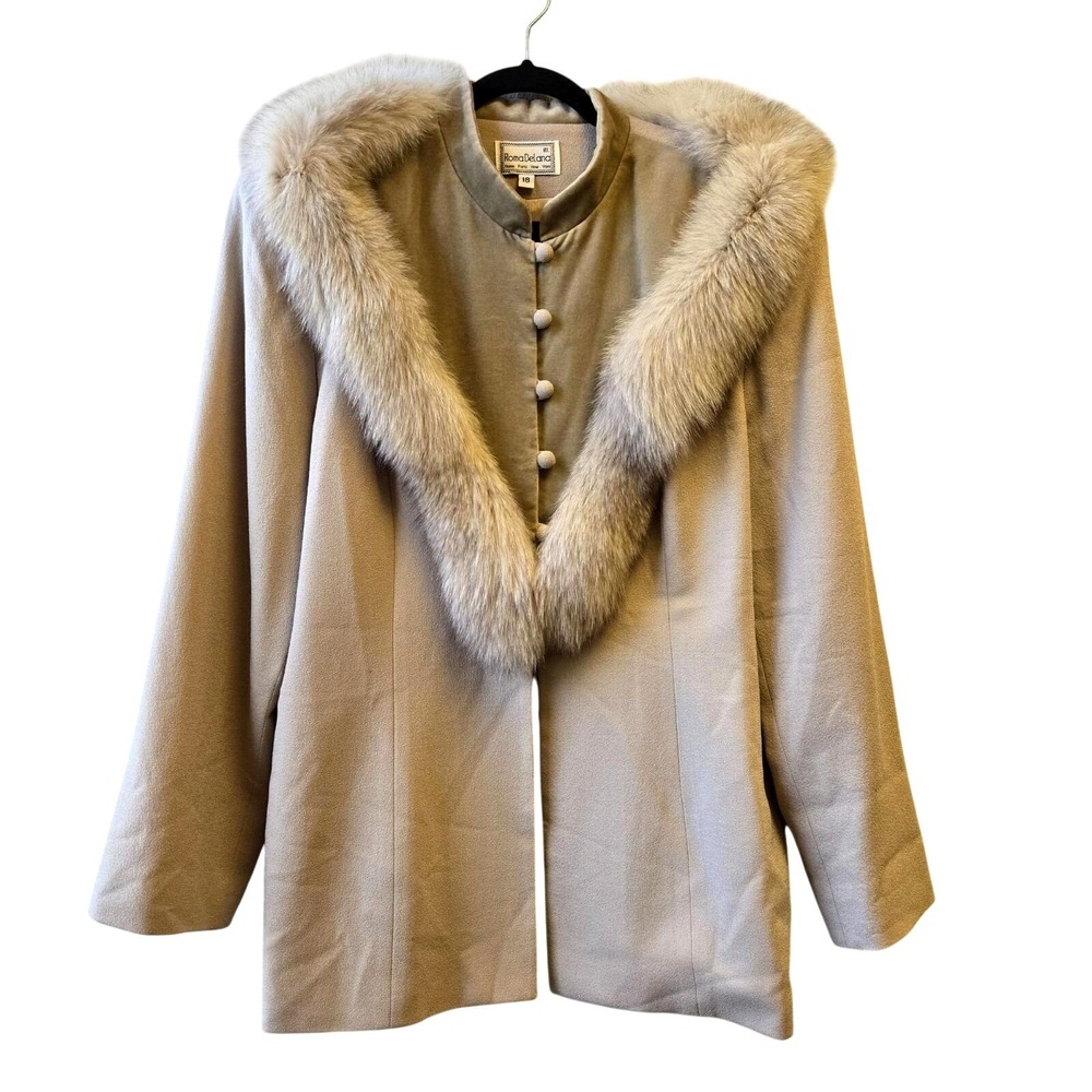 Old Money Mob‎ Wife Wool Fur Trim Coat Vintage Luxury Made in USA XL L Beige